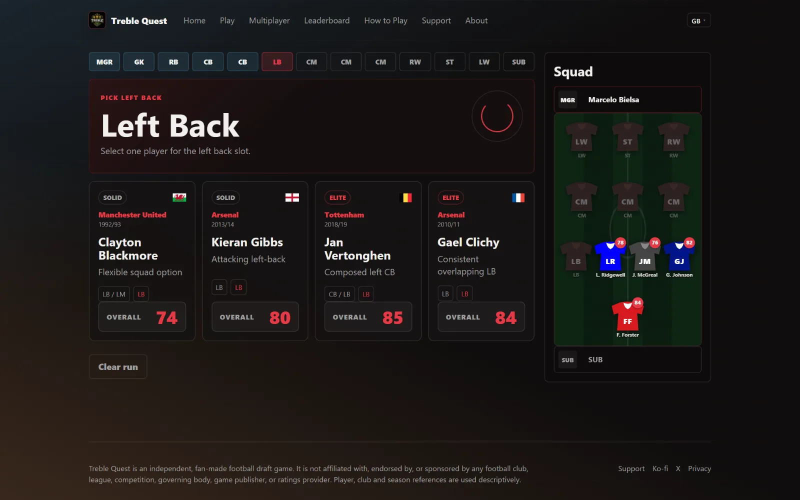 Pick one player per slot. The squad fills in on the right as you go.