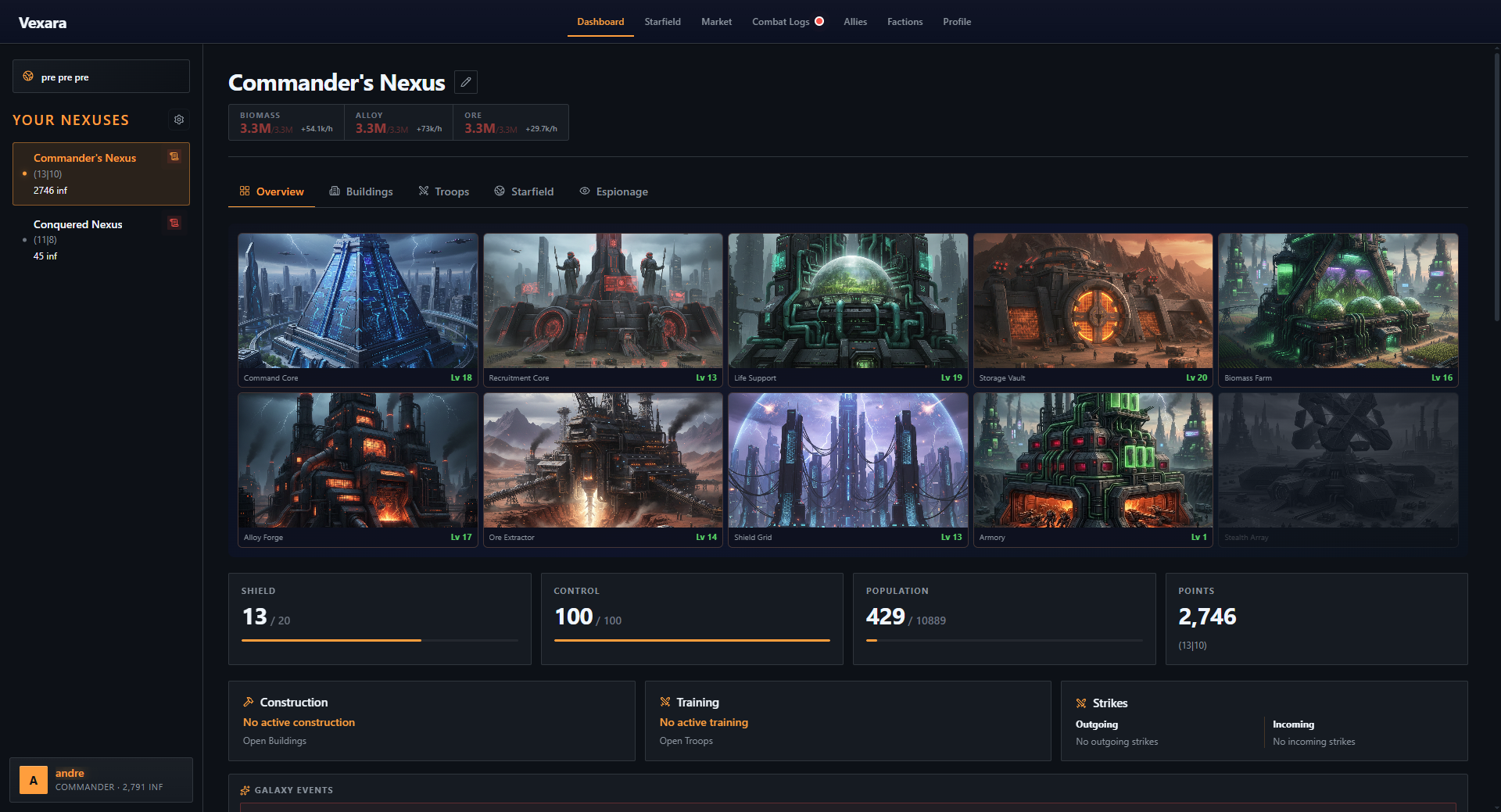 Your nexus at a glance - resources, buildings, and live queues.